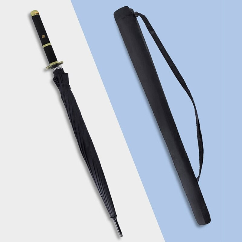 A collage of 2 images. One is of a black samurai sword umbrella and the other is showing the carrying case for the umbrella which can be slung over your shoulder.