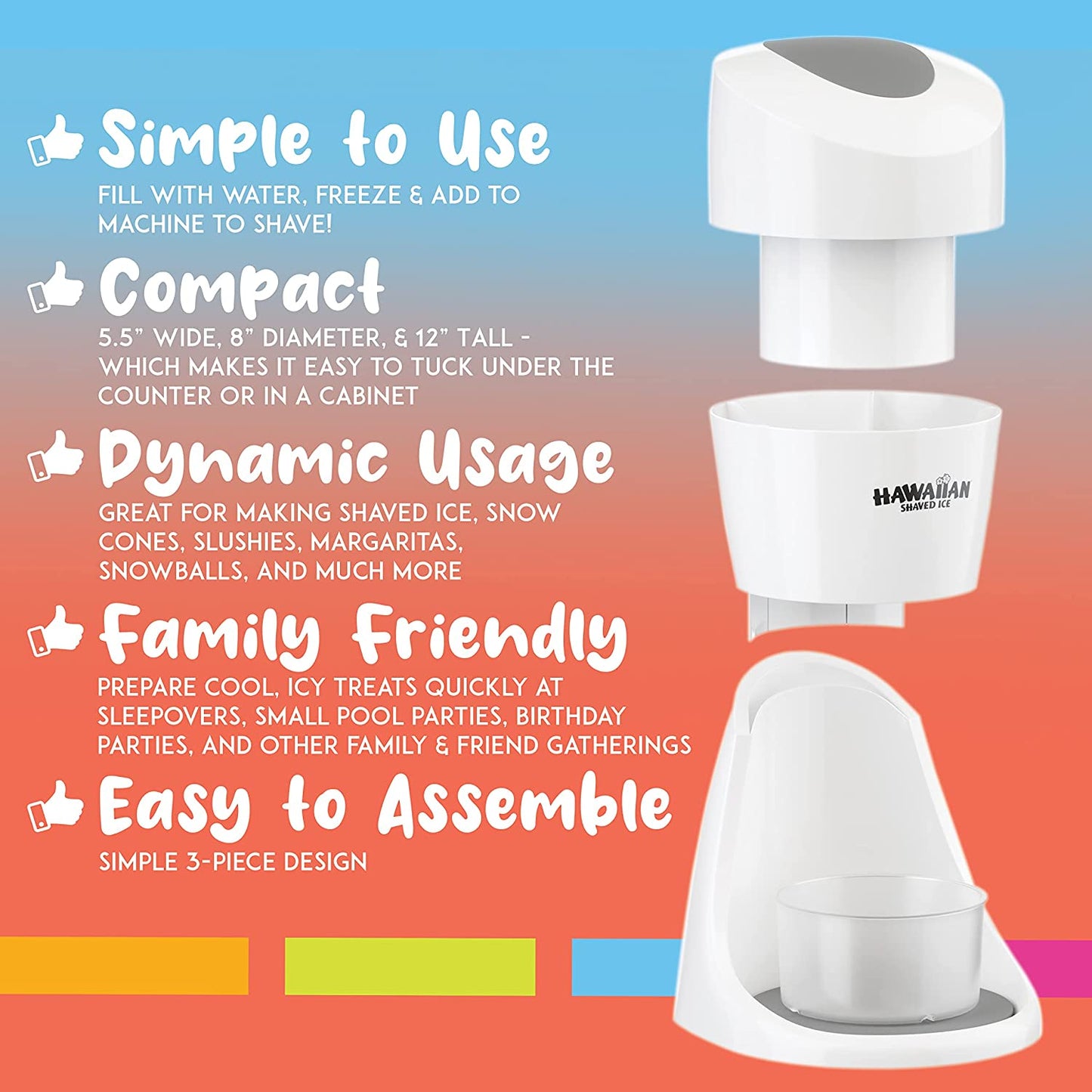 A snow cone and shaved ice machine. There is text which says, 'Simple to use, compact, dynamic usage, family friendly, easy to assemble.'