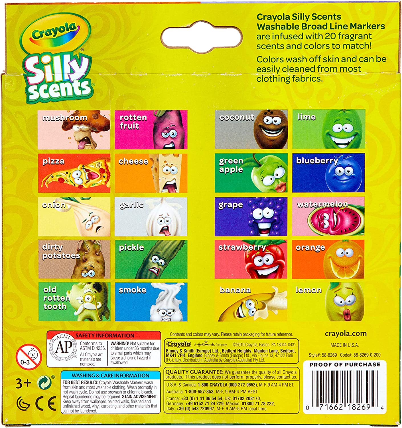 The back of the box and detailed information for Crayola's silly scents markers.
