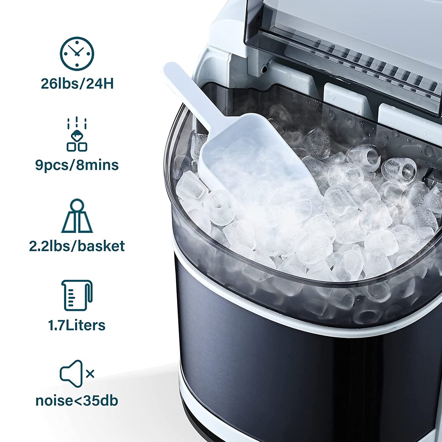 An ice maker machine filled with ice and an ice scooper. The text reads, '26lbs in 24 hour. 9 pieces of ice in 8 mins. 2.2lbs basket. 1.7 litres, noise less than 35 db.'