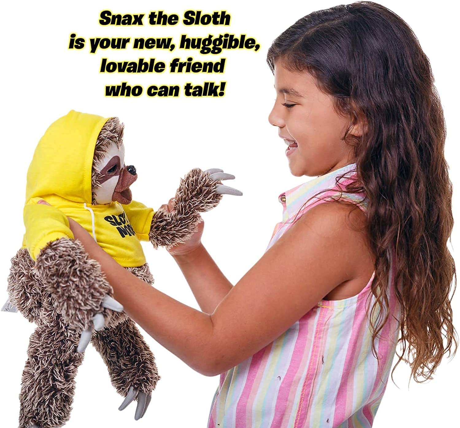 A child is holding a sloth plush toy. There is text which reads, 'Snax the sloth is your new, huggable, lovable friend who can talk.'