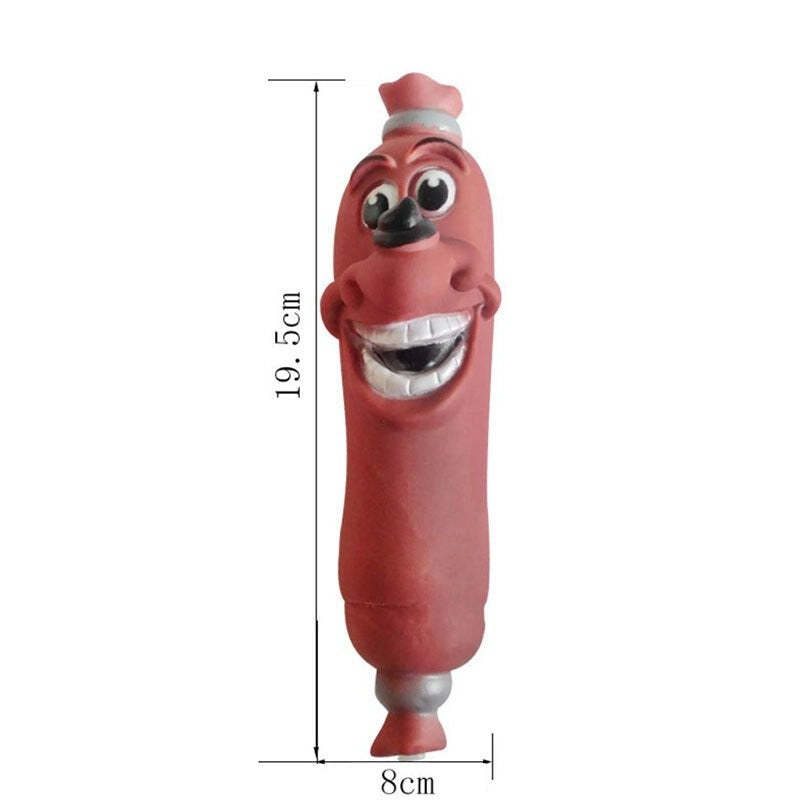 Size measurements for a squeaky sausage dog toy 19.5 centimetres in length by 8 centimetres width.