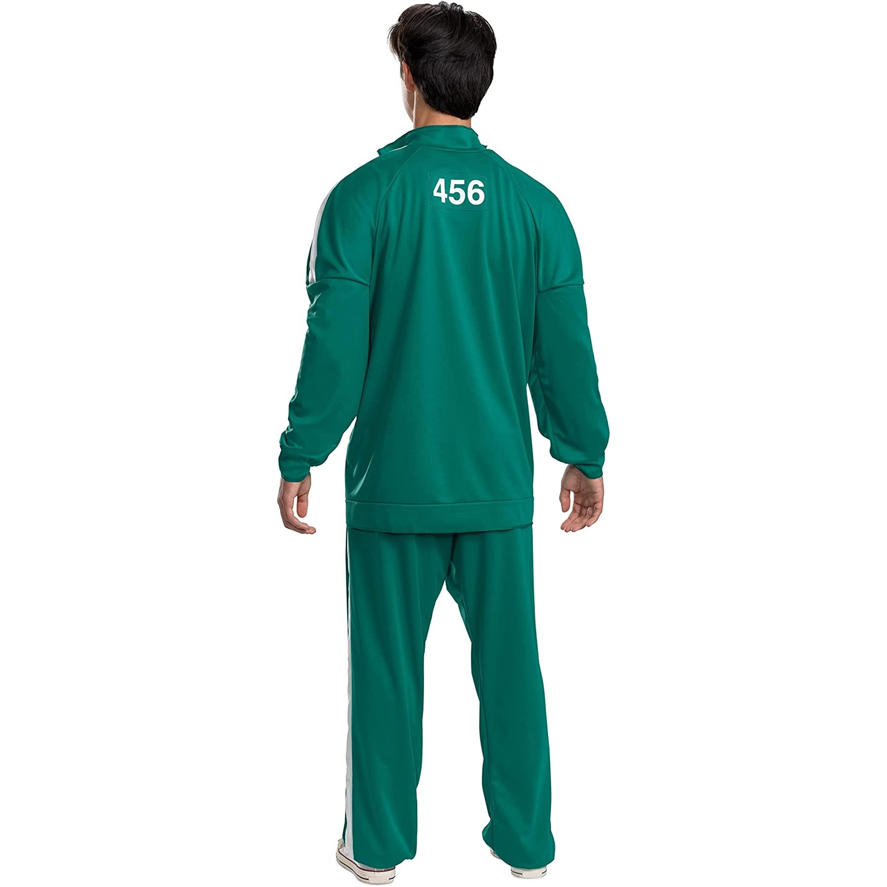 A back of a man wearing a green Squid Game Player 456 adult track suits