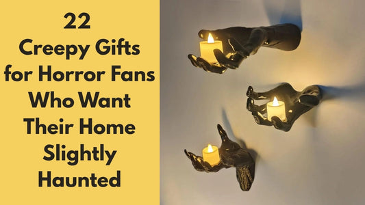 22 Creepy Gifts for Horror Fans featuring gothic hand candle holders emerging from a wall