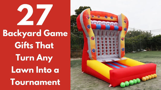 Giant inflatable basketball Connect 4 game on a lawn, featured in a guide to 27 backyard game gifts.