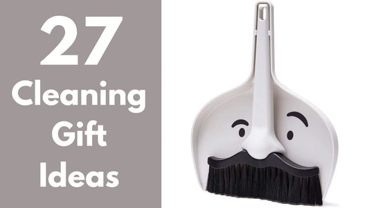 A Dustache mini dustpan and broom featured in a guide to unusual cleaning gifts