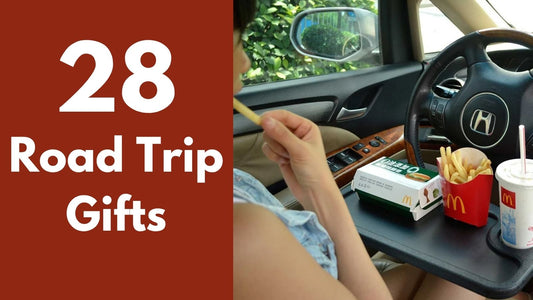 A portable car steering wheel tray table featured in a guide to unusual road trip gifts and car accessories
