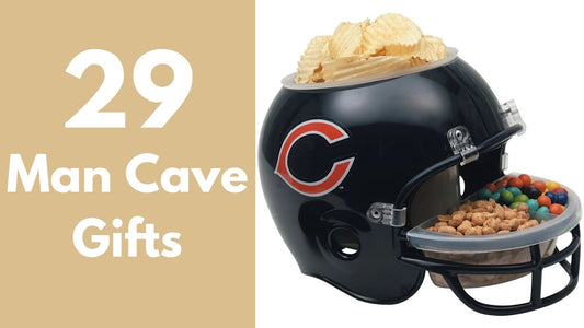 An NFL snack helmet filled with chips and sweets featured in a guide to unusual man cave gifts for men