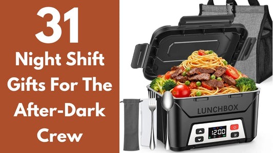 Cordless heated lunch box with a hot meal in a nighttime break room, featured in a guide to 31 practical and unusual gifts for night shift workers.