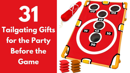 Red arcade cornhole toss game with beanbags at a stadium parking-lot party, illustrating 31 tailgating gifts for football fans.