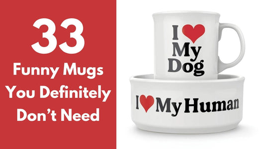 A funny coffee cup and dog bowl with text that says I love my dog and I love my human featured in a guide to 33 funny mugs and unusual coffee cups.