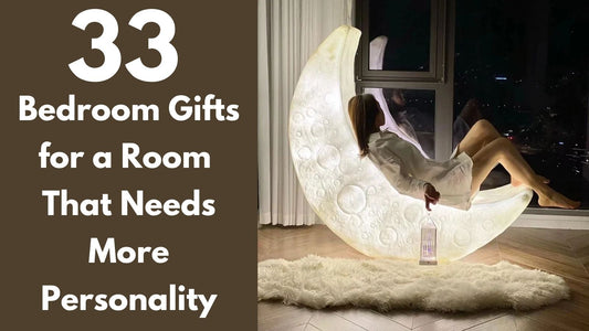 Glowing crescent moon chair in a stylish bedroom, featured in a guide to 33 unique bedroom gifts and unusual room decor ideas.