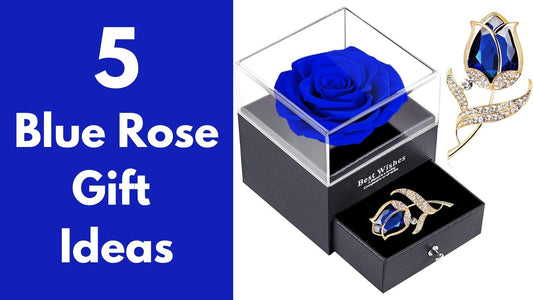 A blue rose and brooch featured in a gift guide about blue rose gift ideas