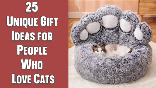 A cat relaxing in a giant grey cat bed with a headline which reads 25 unique gift ideas for people who love cats