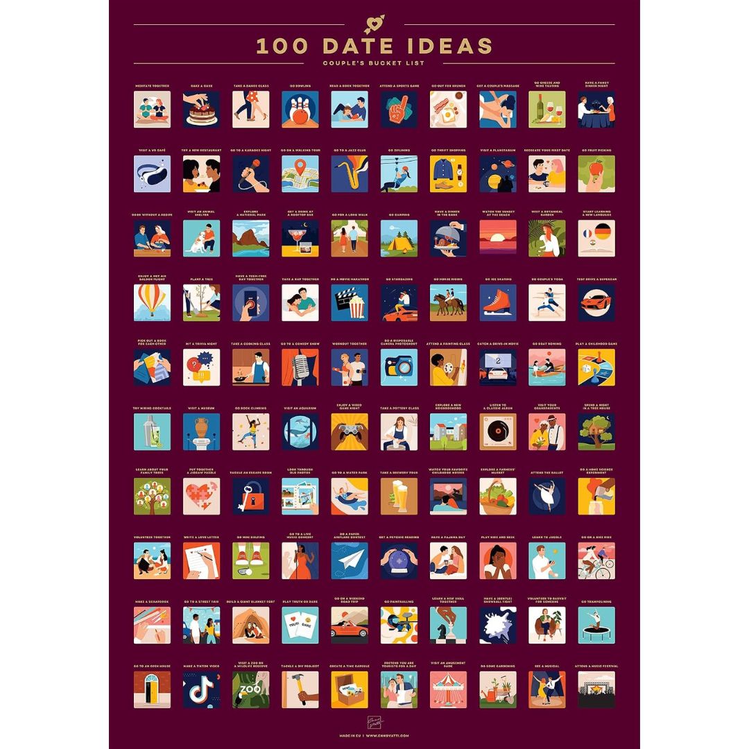 A vertical poster titled '100 Date Ideas' with a grid of small colorful illustrated cards showing various romantic and playful date activities, set against a deep burgundy background.