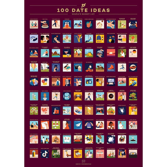 A vertical poster titled '100 Date Ideas' with a grid of small colorful illustrated cards showing various romantic and playful date activities, set against a deep burgundy background.