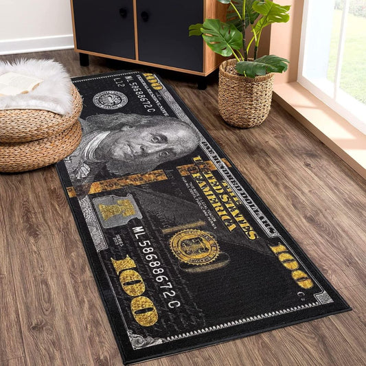 Money-themed rug with a face design on a wooden floor.