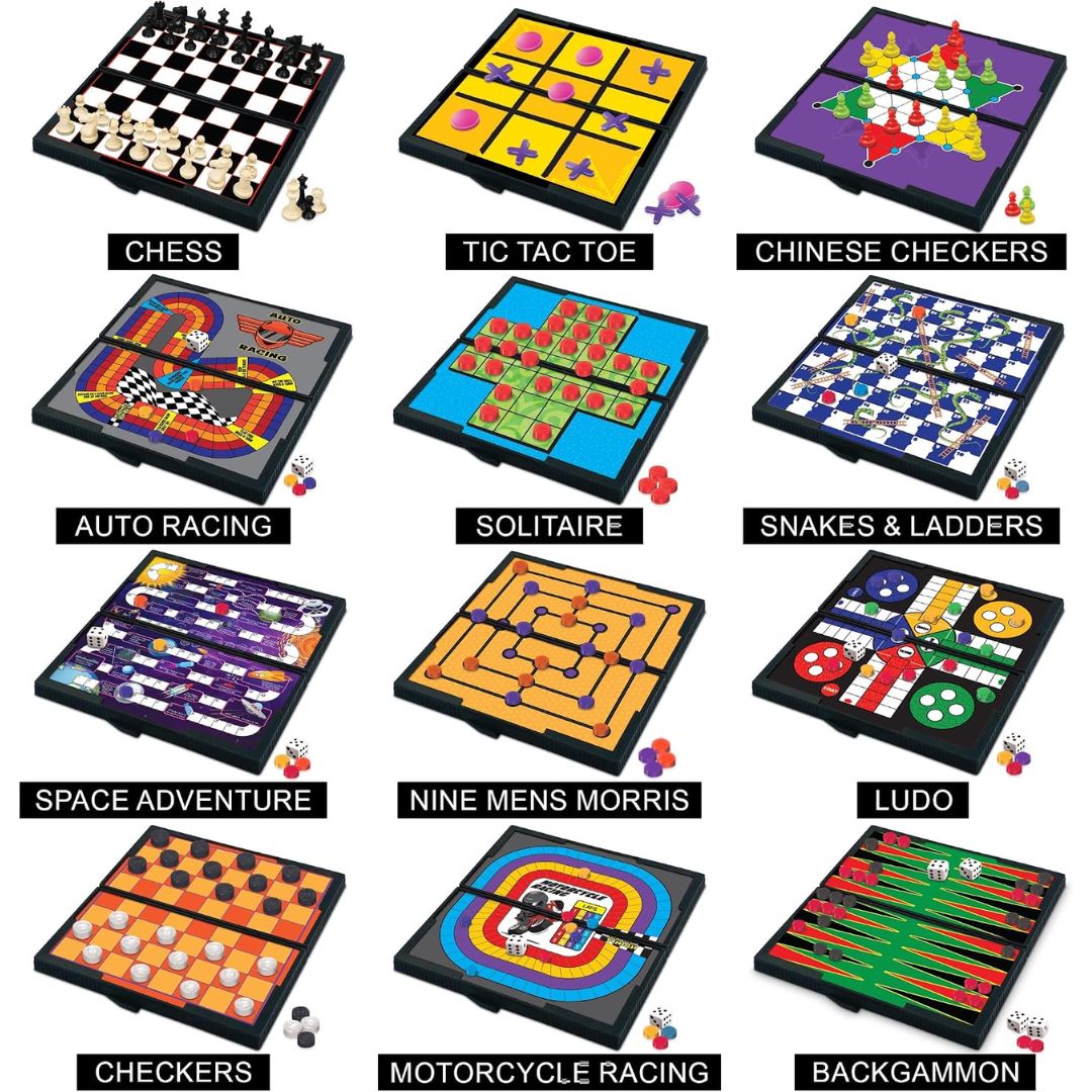 A 3x3 grid showing nine different board games with their names printed below each: Chess, Tic Tac Toe, Chinese Checkers, Auto Racing, Solitaire, Snakes & Ladders, Space Adventure, Nine Mens Morris, Ludo, Checkers, Motorcycle Racing, and Backgammon. The games are arranged on a plain white background, with small illustrations of game pieces and tokens beside each board.