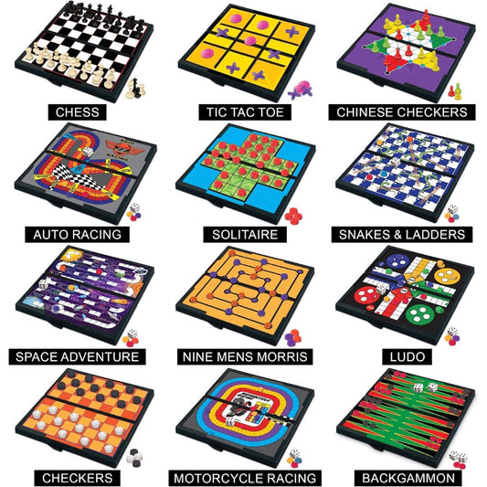 A 3x3 grid showing nine different board games with their names printed below each: Chess, Tic Tac Toe, Chinese Checkers, Auto Racing, Solitaire, Snakes & Ladders, Space Adventure, Nine Mens Morris, Ludo, Checkers, Motorcycle Racing, and Backgammon. The games are arranged on a plain white background, with small illustrations of game pieces and tokens beside each board.