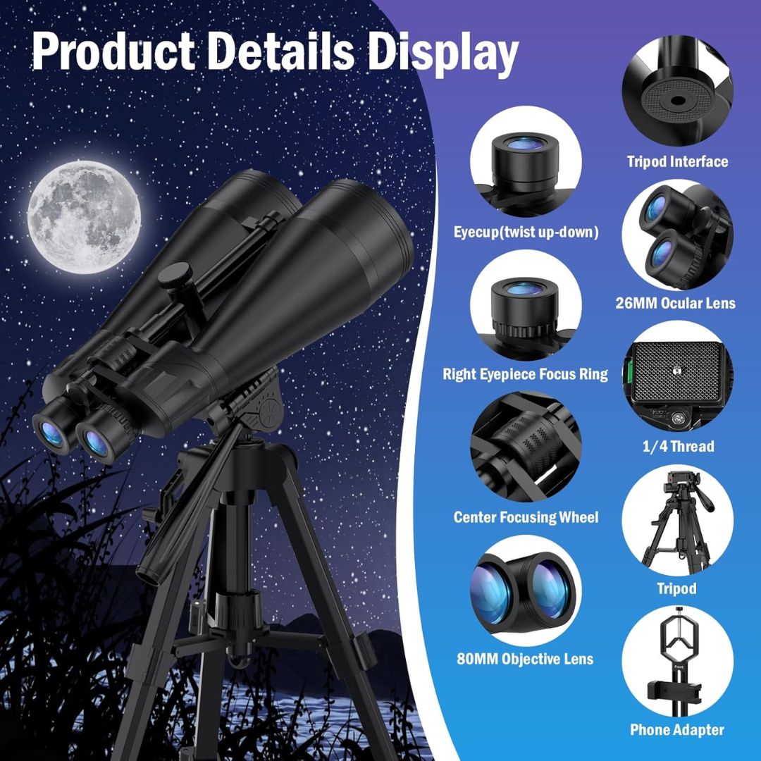 Telescope with detailed parts labeled against a night sky background