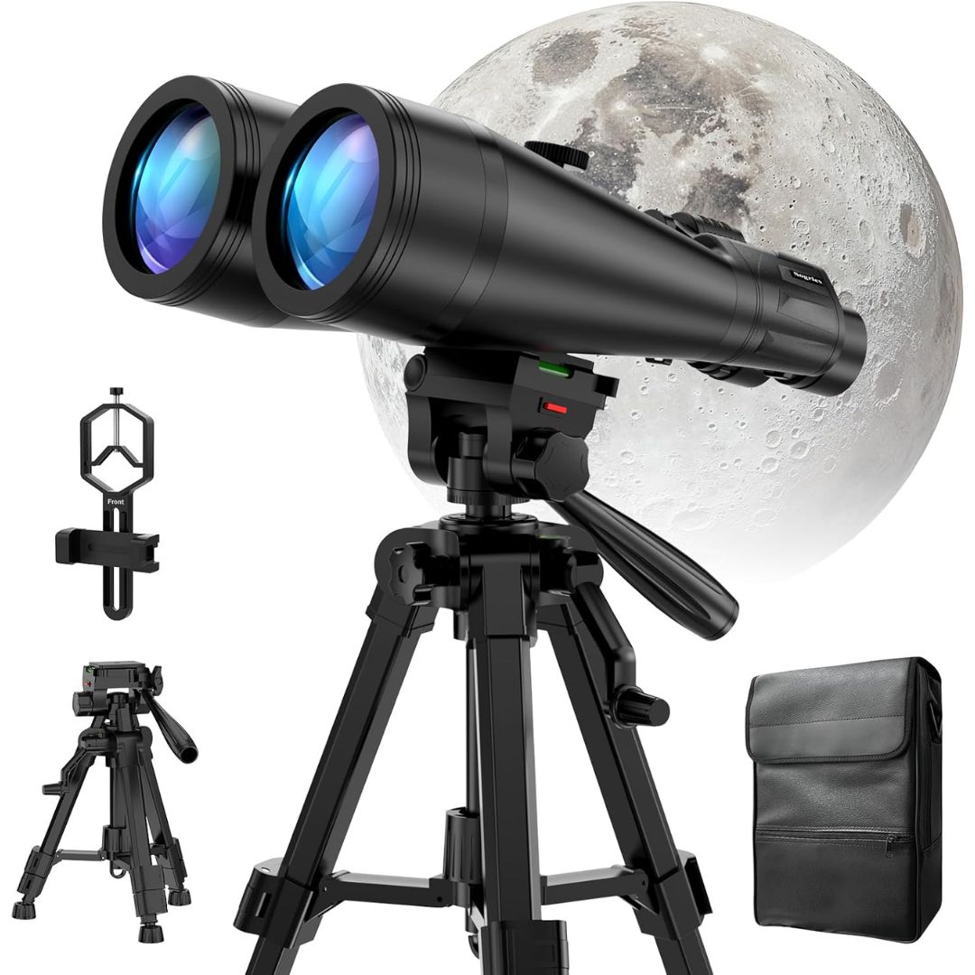 Black dual-lens spyglass telescope on a tripod with a moon graphic background, shown alongside an extra mounting bracket, a smaller tripod view, and a black carrying pouch.