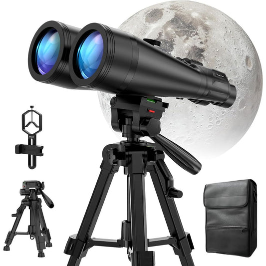 Black dual-lens spyglass telescope on a tripod with a moon graphic background, shown alongside an extra mounting bracket, a smaller tripod view, and a black carrying pouch.