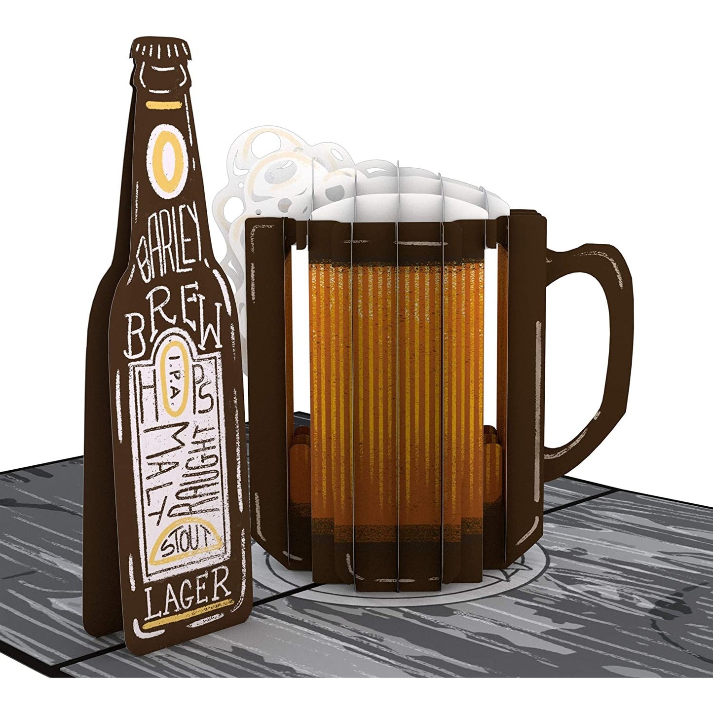 A 3D pop-up greeting card featuring a beer bottle and a beer stein.
