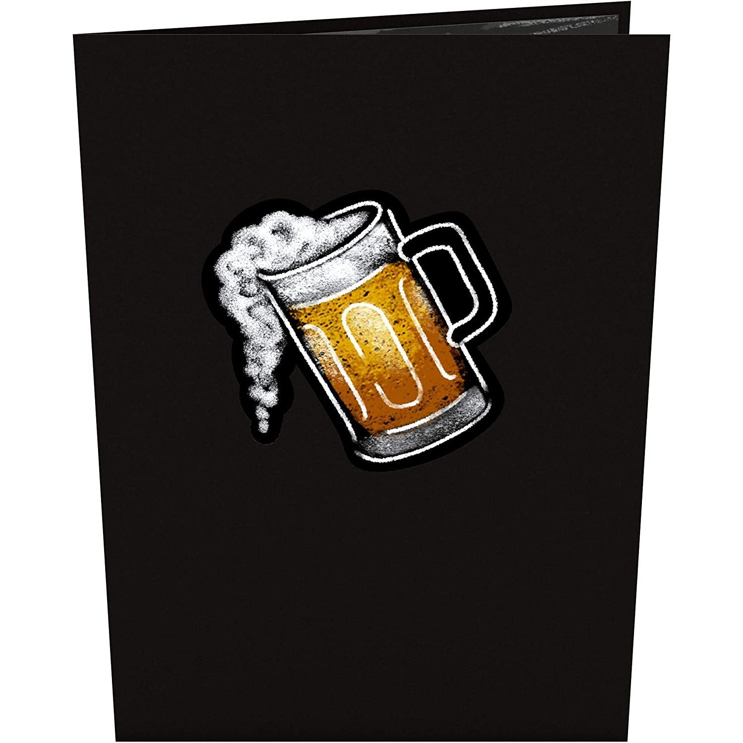 The front cover of a 3D greeting card which has a stein full of beer on the front.