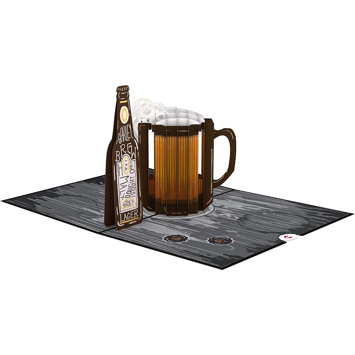 A 3D pop-up greeting card featuring a beer bottle and a beer stein.