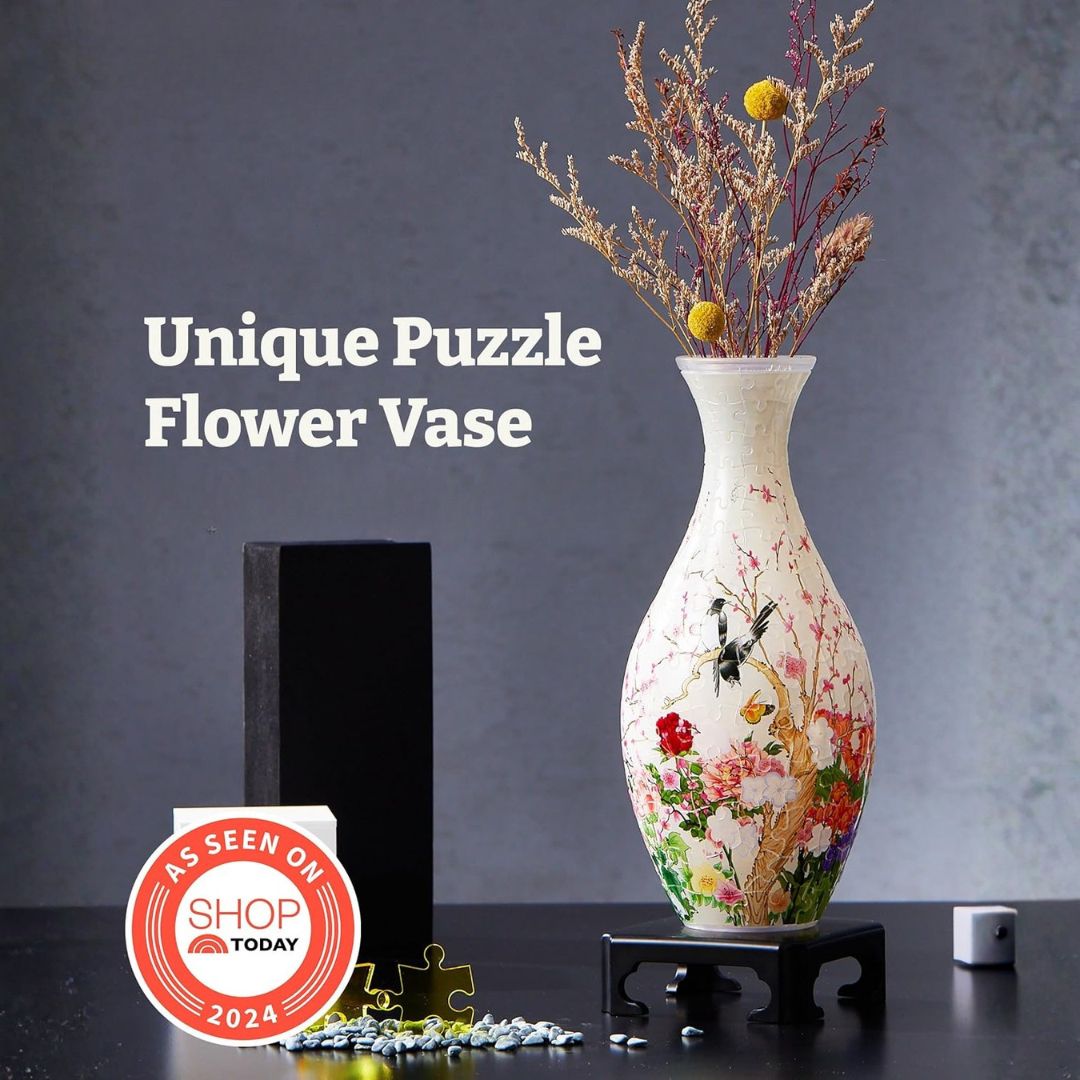 A 3D vase shaped jigsaw puzzle with flowers in it and text saying, 'Unique Puzzle Flower Vase'.