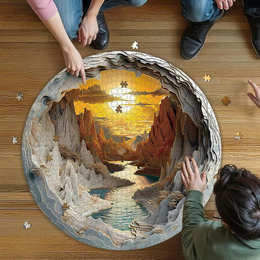 People working on a 3D landscape jigsaw puzzle on a wooden floor