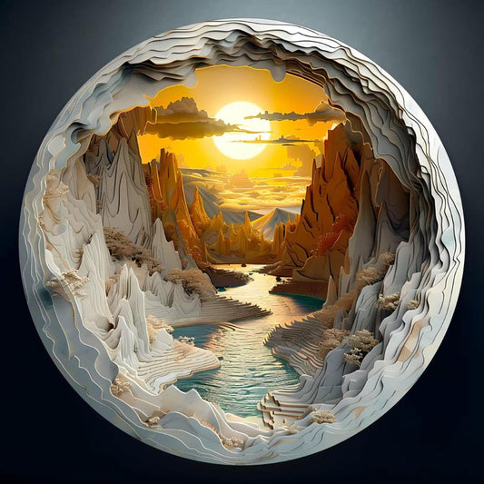 3D circular landscape jigsaw puzzle with mountains, a river, and a sunset 