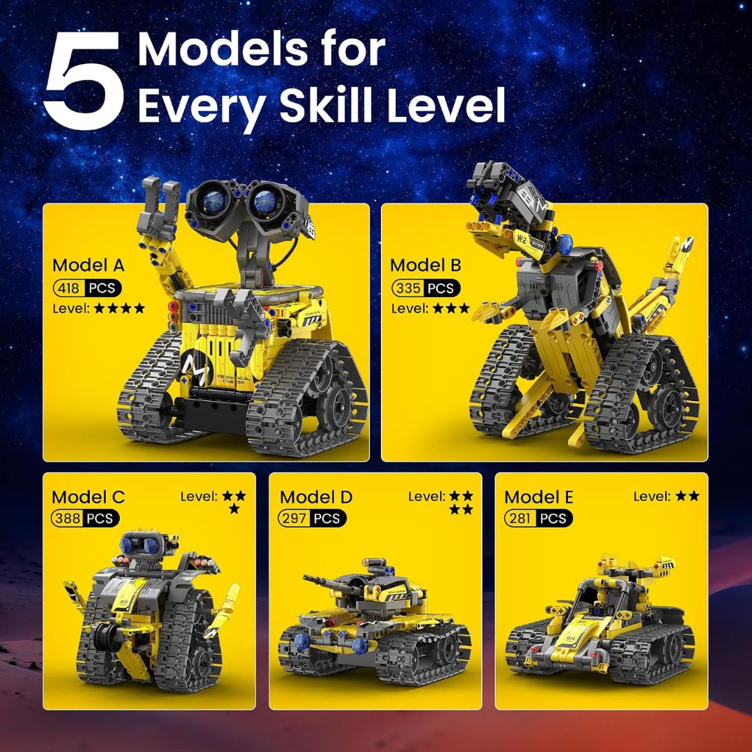 Five different models of a robot toy with varying levels of complexity on a yellow background.