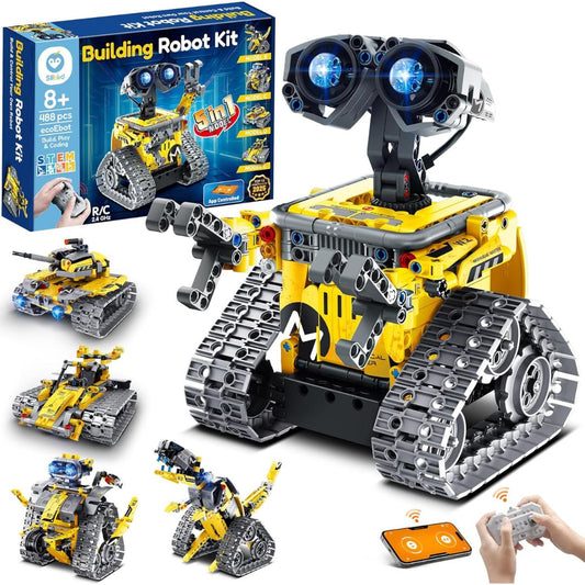 Building robot kit with assembled robot, disassembled parts, and packaging on a white background