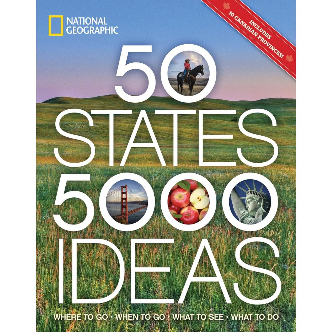 National Geographic 50 States 5,000 Ideas travel book cover with scenic grasslands and American travel icons