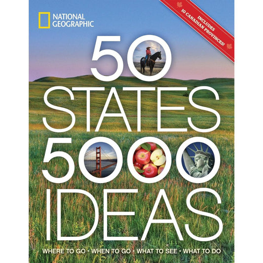 National Geographic 50 States 5,000 Ideas travel book cover with scenic grasslands and American travel icons