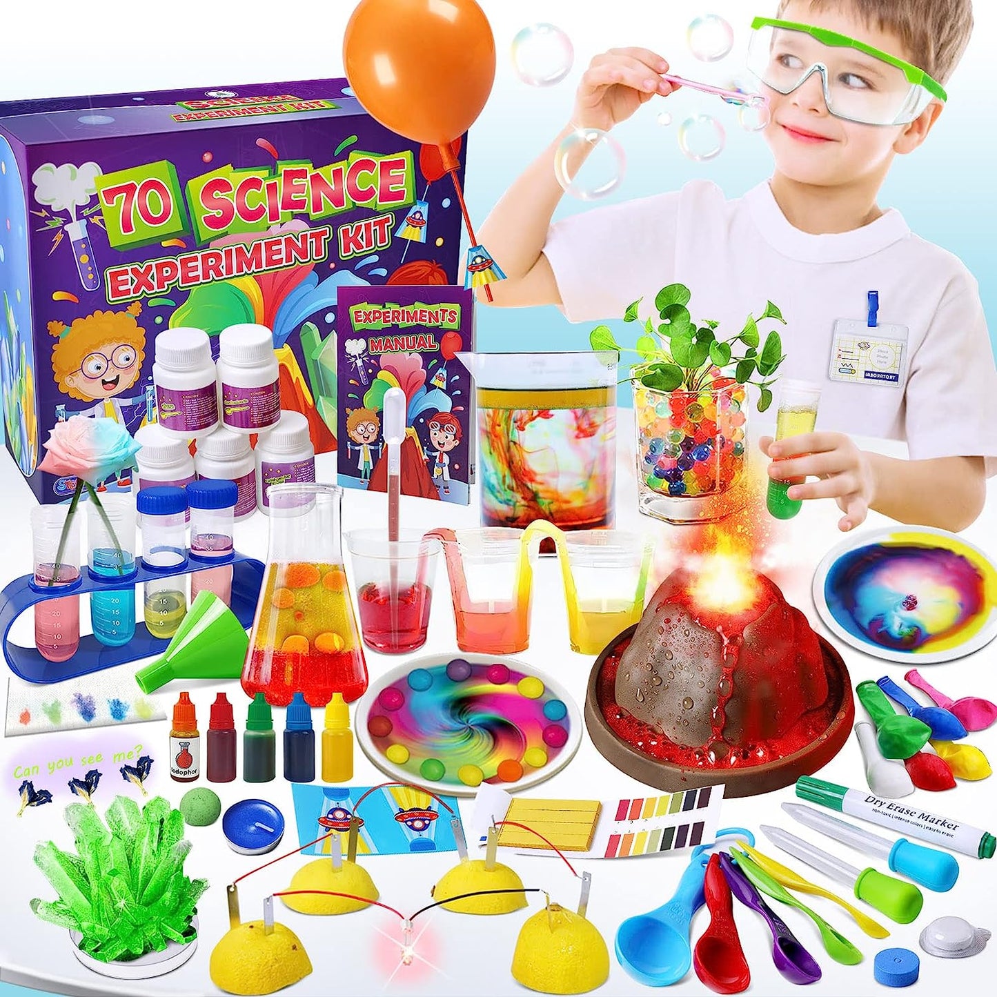 A child is playing with a science lab kit which includes over 70 science experiments for kids.