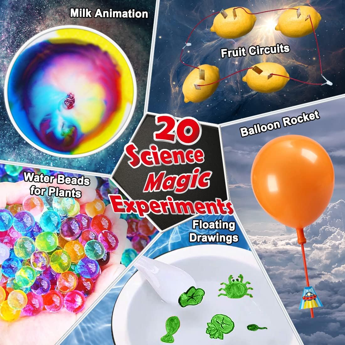A collage of 5 photos showing various kids science experiments. There is a headline which reads, '20 Science Magic Experiments.'