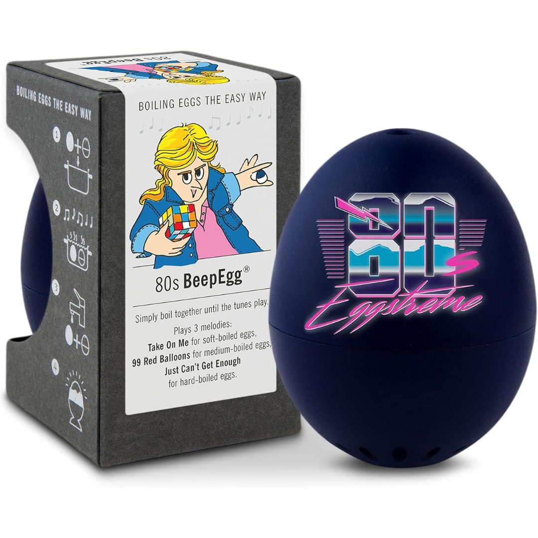 80s themed egg-shaped cooker with packaging featuring a cartoon character.