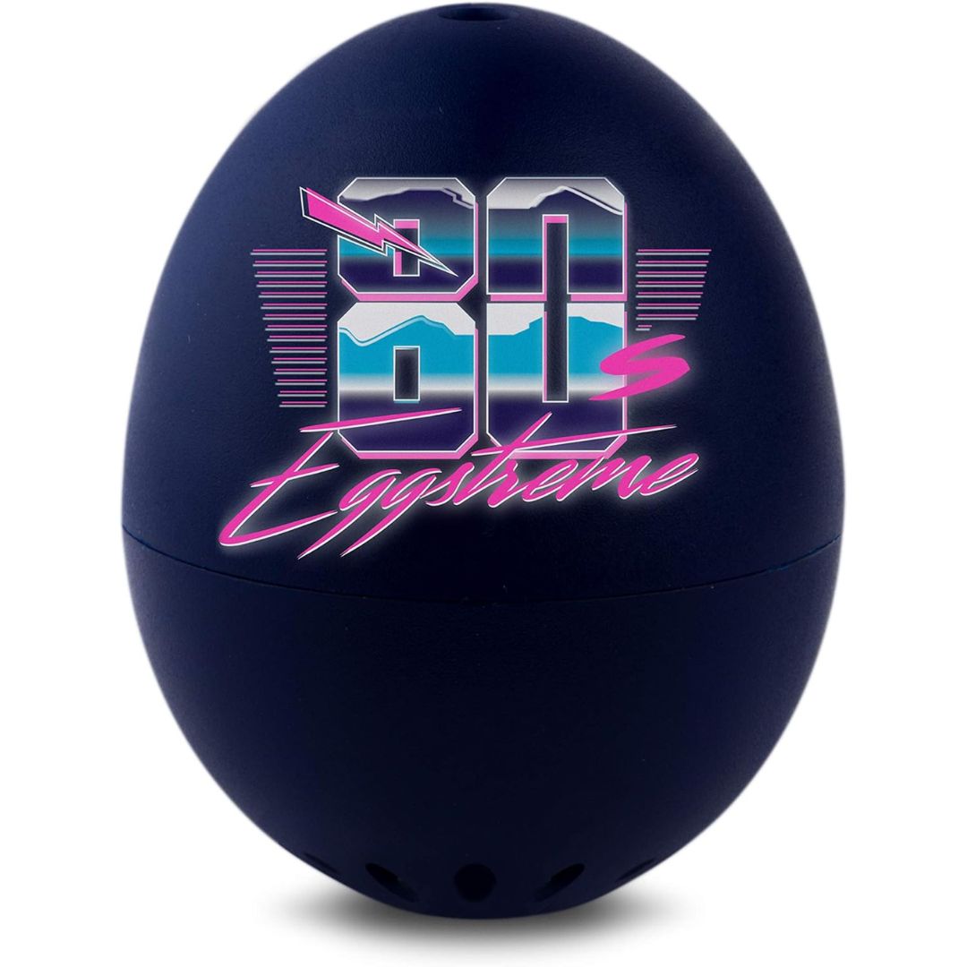 Black egg-shaped cooker with '80s Eggtime' text on a white background