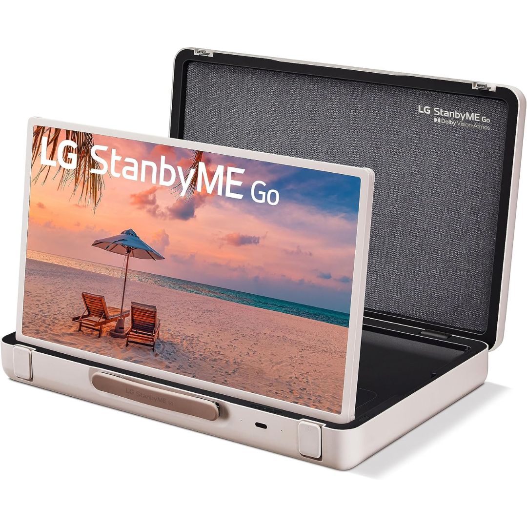 LG StanbyME Go portable smart TV displayed inside its protective briefcase-style carrying case