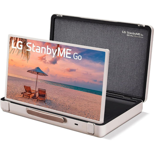 LG StanbyME Go portable smart TV displayed inside its protective briefcase-style carrying case