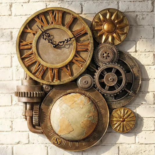 Decorative steampunk wall piece with clock, gears, and globe on a brick wall