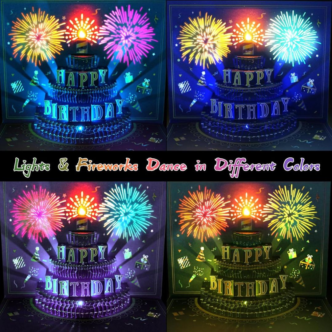 Collage of a birthday card with animated lights and fireworks.