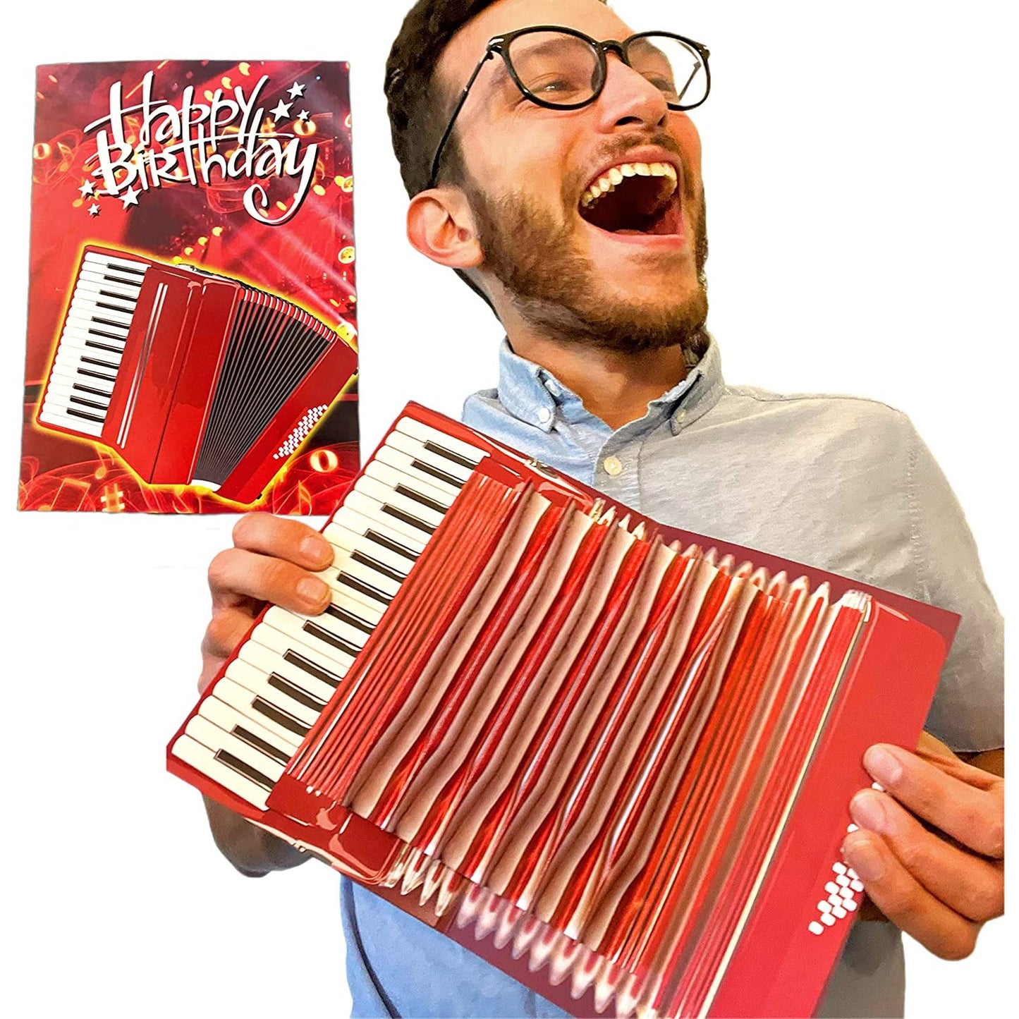 A man is smiling and holding an accordion shaped birthday card.