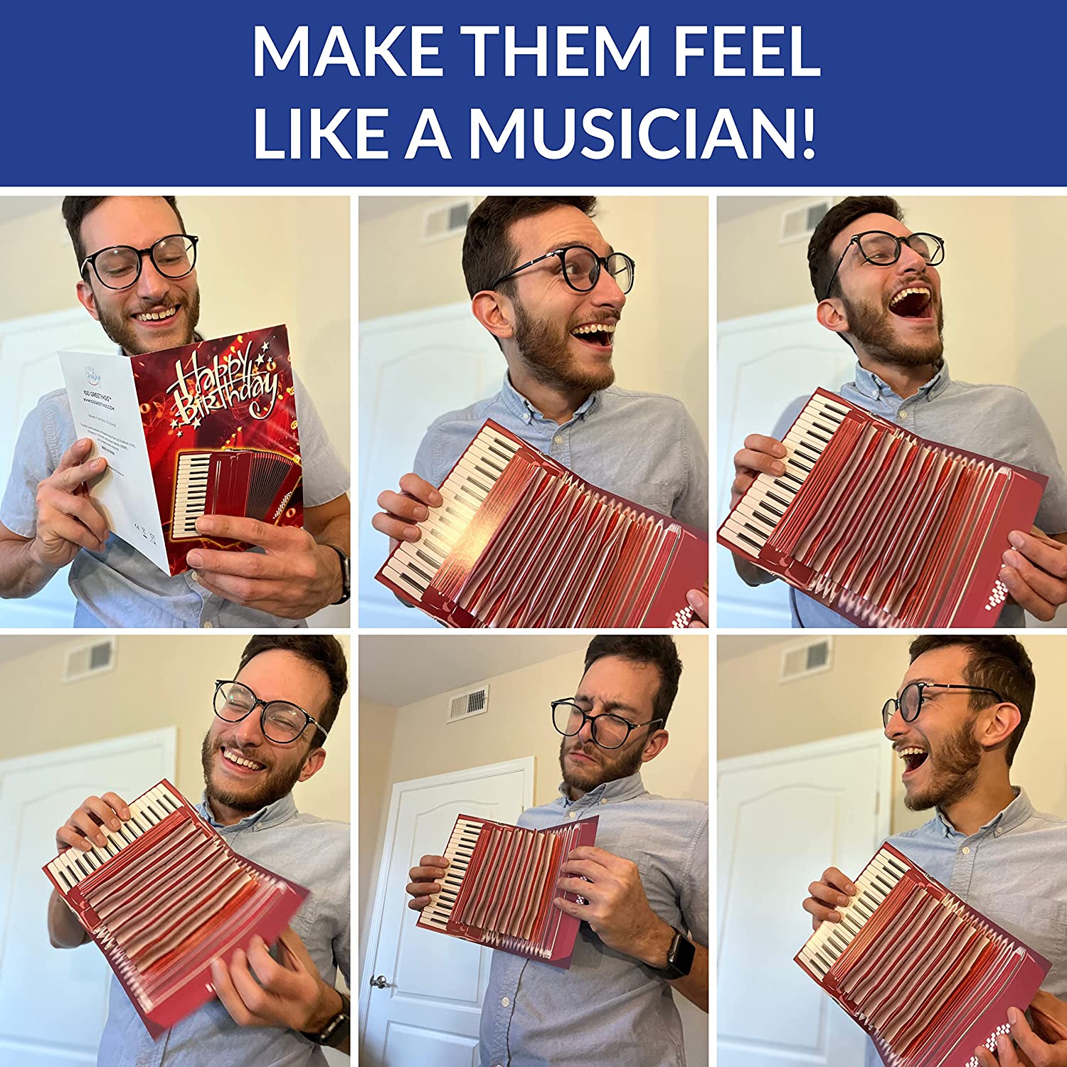 A collage of images featuring a man using an interactive accordion shaped birthday card.