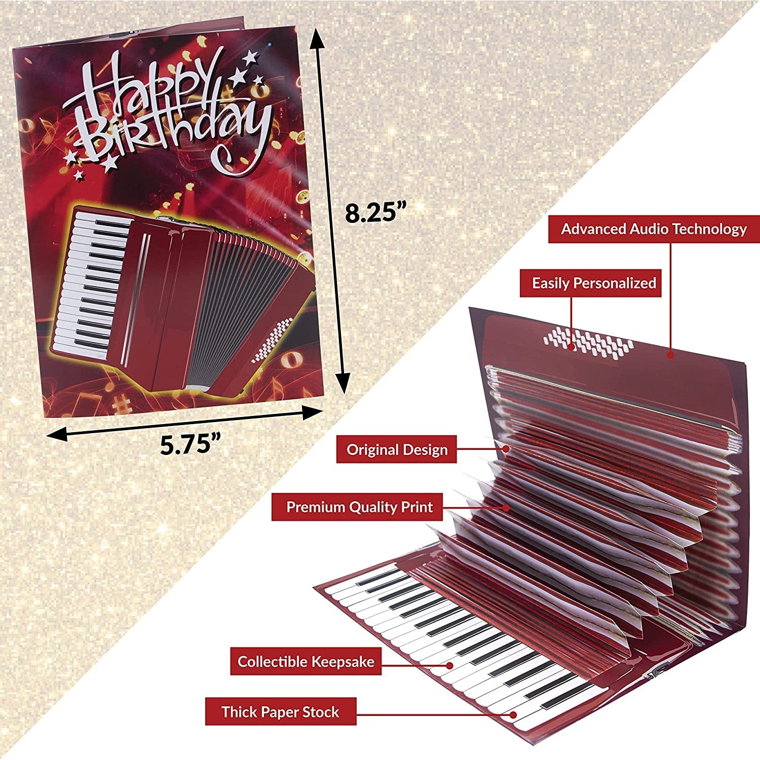 Product features for an accordion shaped birthday card.