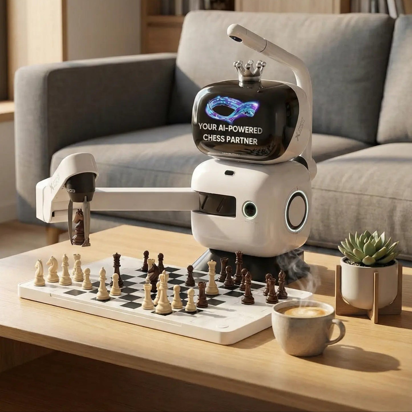 Robotic chess partner on a coffee table in a living room setting