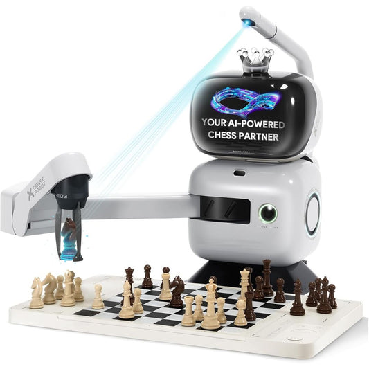 AI-powered chess partner with chessboard and pieces on a white background