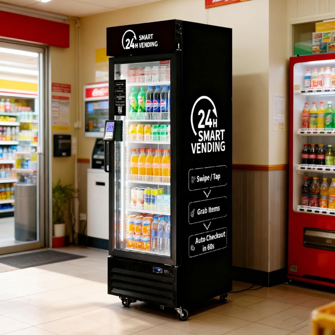 Black 24-hour AI smart vending machine in a store setting with various drinks on shelves.